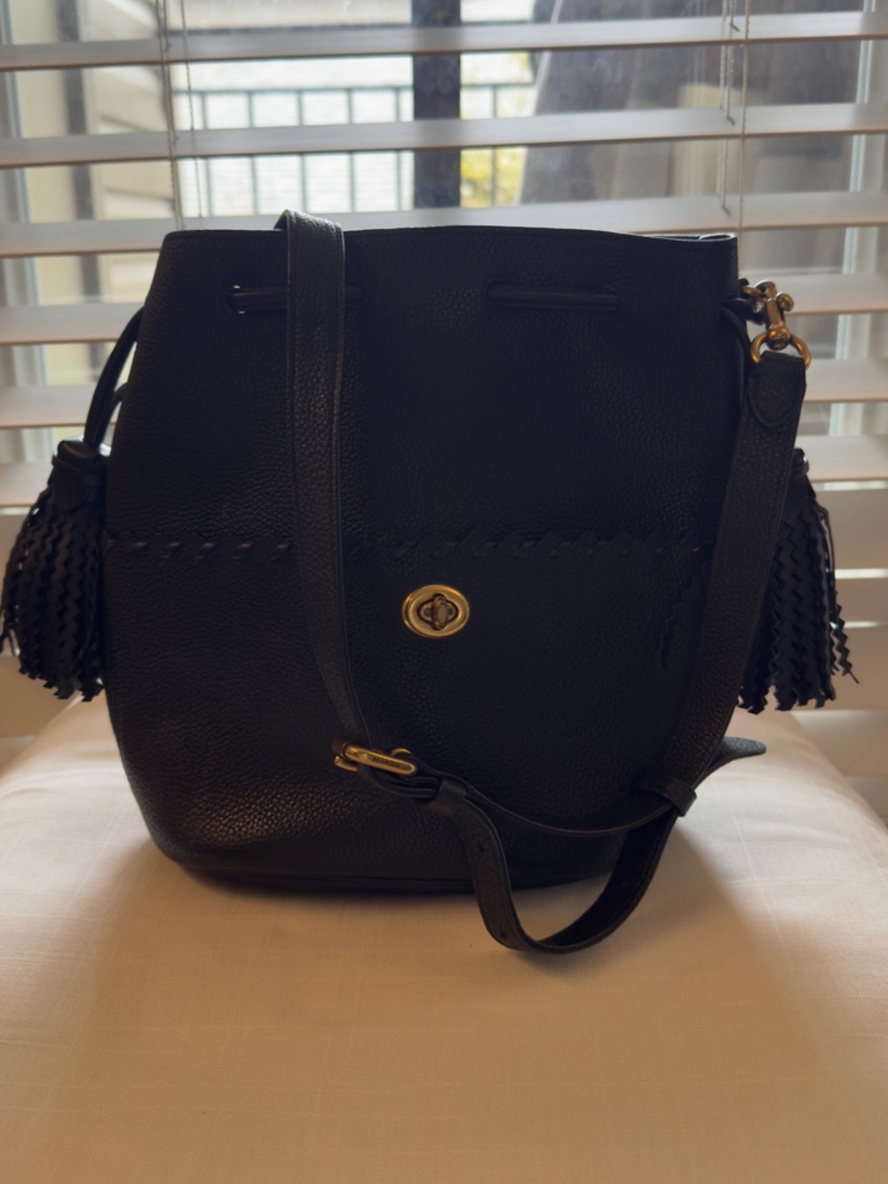 Coach Black/Brown Leather Turnlock Bucket Bag-Saddle Brown Interior- Style 91122